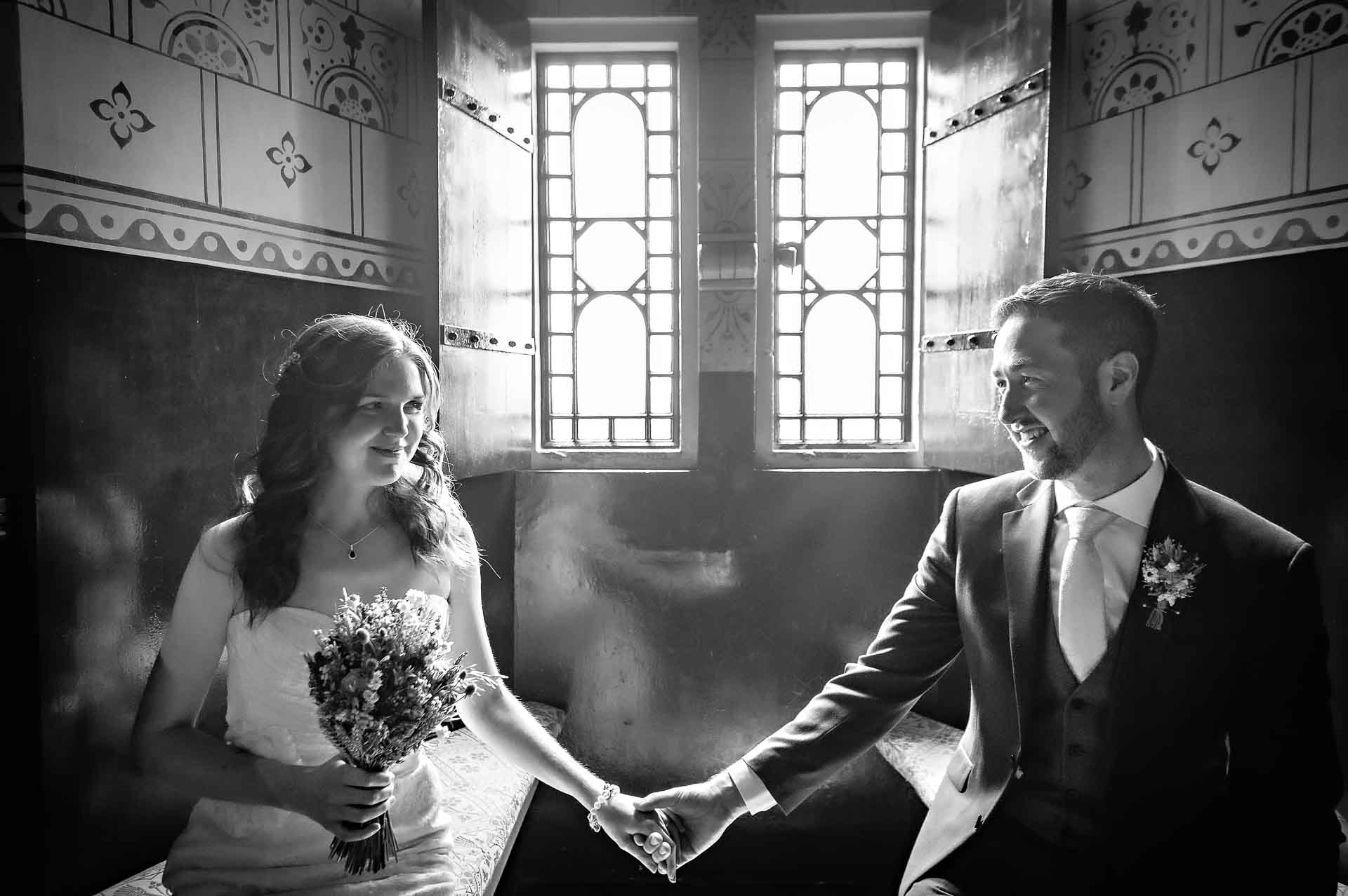 Wedding Portrait in Banqueting Hall of Castell Coch in Black and White